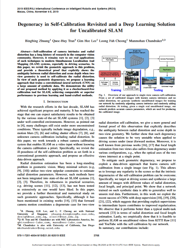 Degeneracy in Self-Calibration Revisited and a Deep Learning Solution for Uncalibrated SLAM Paper