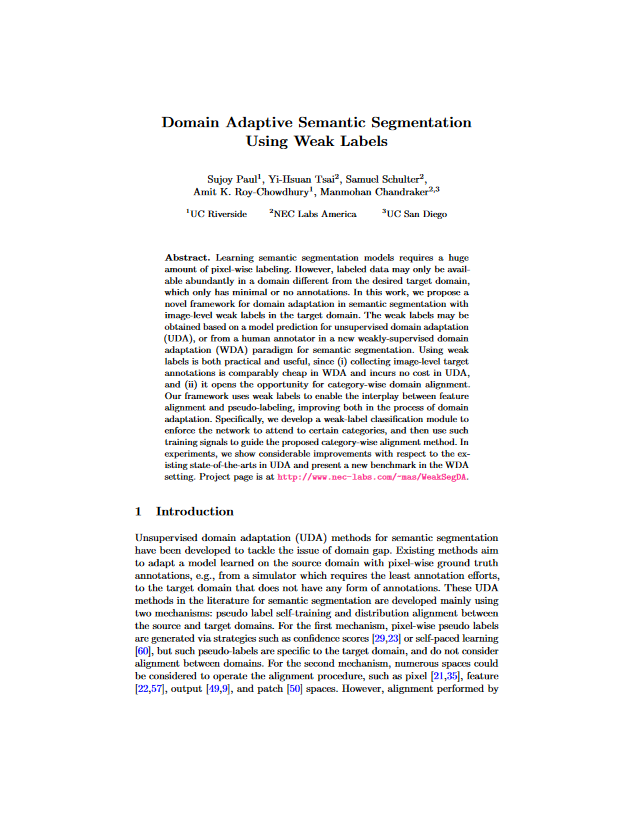 Domain Adaptive Semantic Segmentation Using Weak Labels