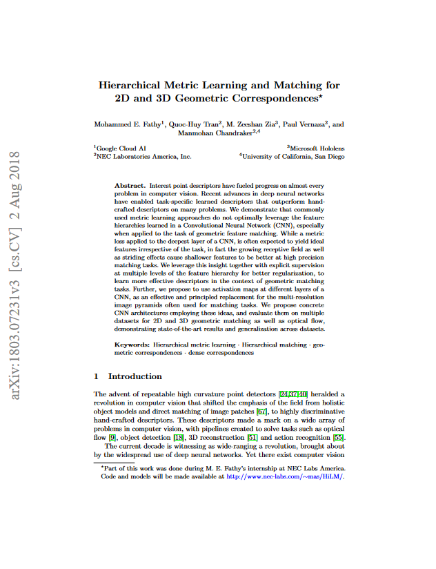Hierarchical Metric Learning & Matching for 2D & 3D Geometric Correspondences