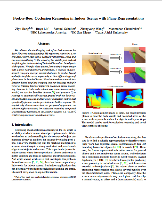 Peek-a-Boo Occlusion Reasoning in Indoor Scenes With Plane Representations